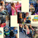 Dzieci w autobusie - kolaż zdjęć