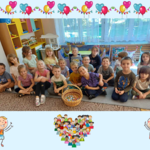 Dzieci na dywanie z koszykiem z cukierkami - kolaż