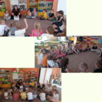Dzieci w kole na dywanie słuchają pogadanki - kolaż zdjęć