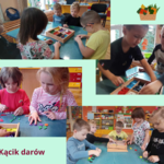 Dzieci przy stolikach układają owowce z elementów mozaiki - kolaż zdjęć