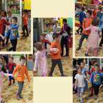 Przedszkolaki na dywanie tańczą poloneza - kolaż zdjęć