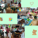 Dzieci kolorują przy stolikach - kolaż