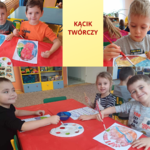 3 Dzieci malują farbami przy stolikach - kolaż