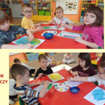 4 Dzieci przy stolikach malują farbami - kolaż zdjęć