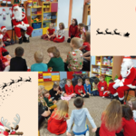 Dzieci na dywanie z Mikołajem - kolaż zdjęć