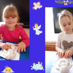 Dziewczynki w trakcie wykonywania aniołków - kolaż zdjęć