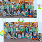 Zdjęcie grupowe dzieci w zielonych ubraniach - kolaż