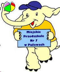 Ilustracja słonia trzymającego napis z nazwą przedszkola.