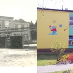 połączone 2 zdjęcia budynku przedszkola: czarno - białe sprzed 50 lat i kolorowe - współczesne