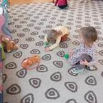 Dzieci siedzą na dywanie i kładą misie do kolorowych obręczy.